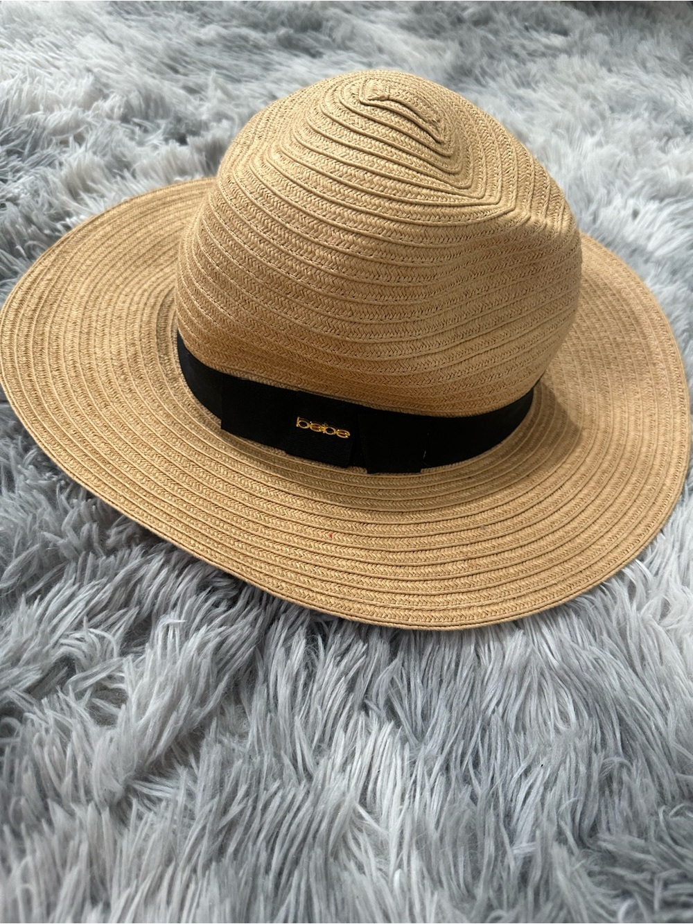 bebe Tan Straw Sun Hat with Black Ribbon and Gold Logo